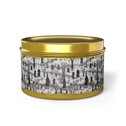 Spooky Gothic Cemetery Chic Halloween Tin Candle. Haunted Elegance, Travel Size. Available in 2 sizes, 3 finishes, and 5 scents.