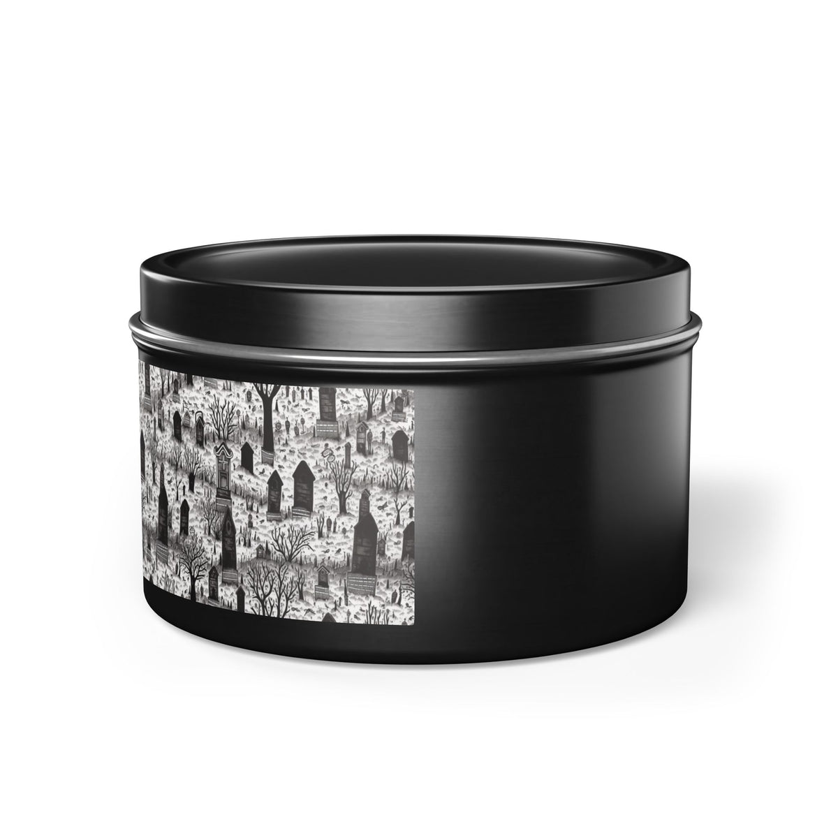 Spooky Gothic Cemetery Chic Halloween Tin Candle. Haunted Elegance, Travel Size. Available in 2 sizes, 3 finishes, and 5 scents.