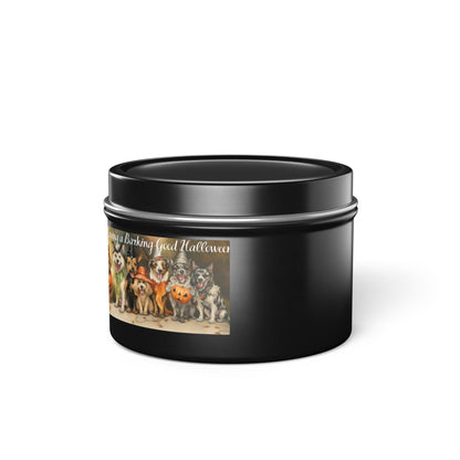 We're Having a Barking Good Halloween! Tin Candle. Spooky Treats in a Tin. Available in 2 sizes, 3 finishes, and 5 scents.