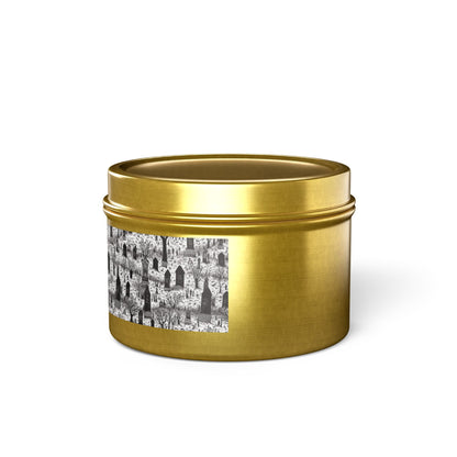 Spooky Gothic Cemetery Chic Halloween Tin Candle. Haunted Elegance, Travel Size. Available in 2 sizes, 3 finishes, and 5 scents.