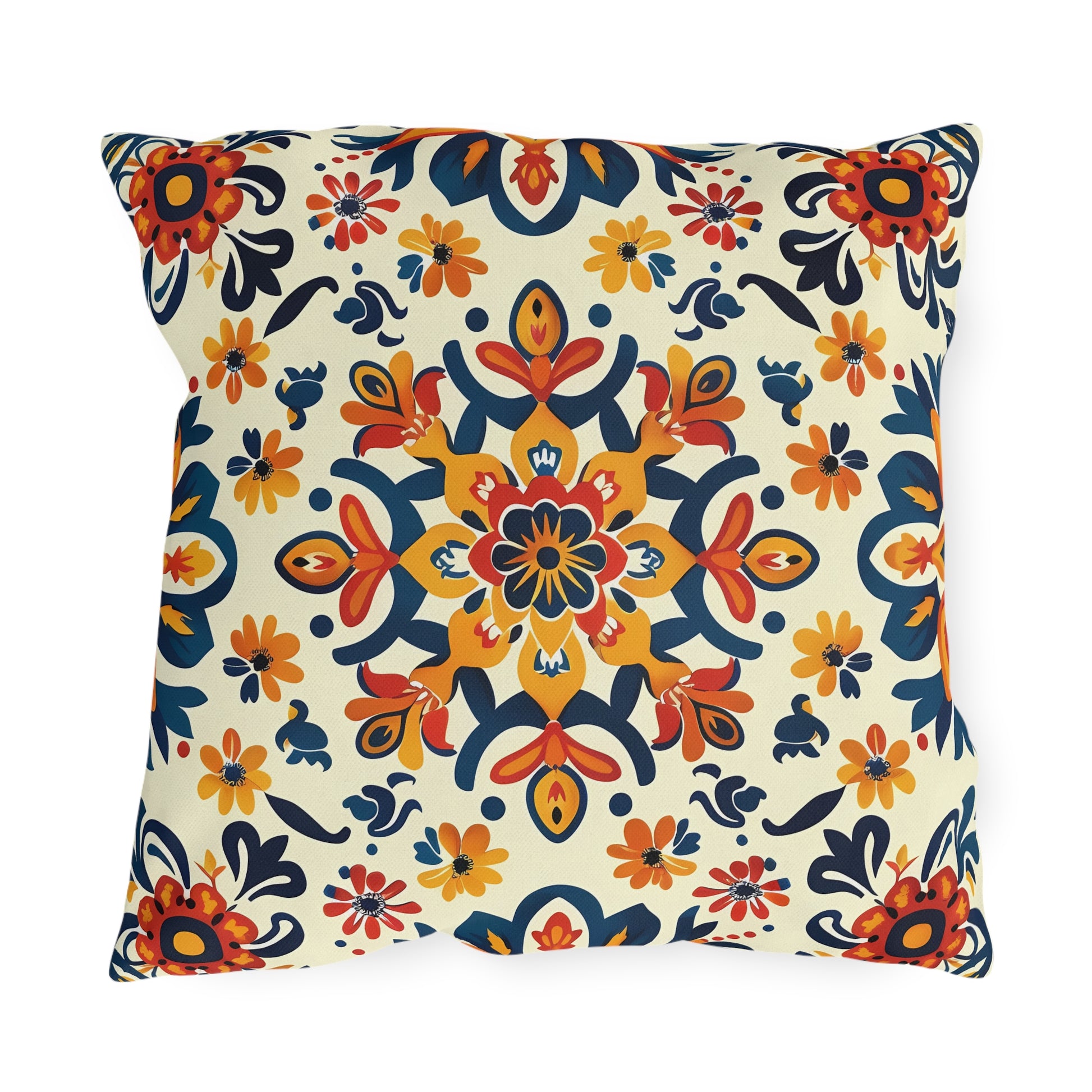 Sevilla Sunburst Square Outdoor Pillow - Spun Polyester - Double-Sided Print - UV-Resistant - Water-Resistant - Available in 3 sizes.