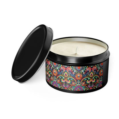 Electric Damask Tin Candle. Timeless Scrollwork, Electric Soul. Available in 2 sizes, 3 finishes, and 5 scents.