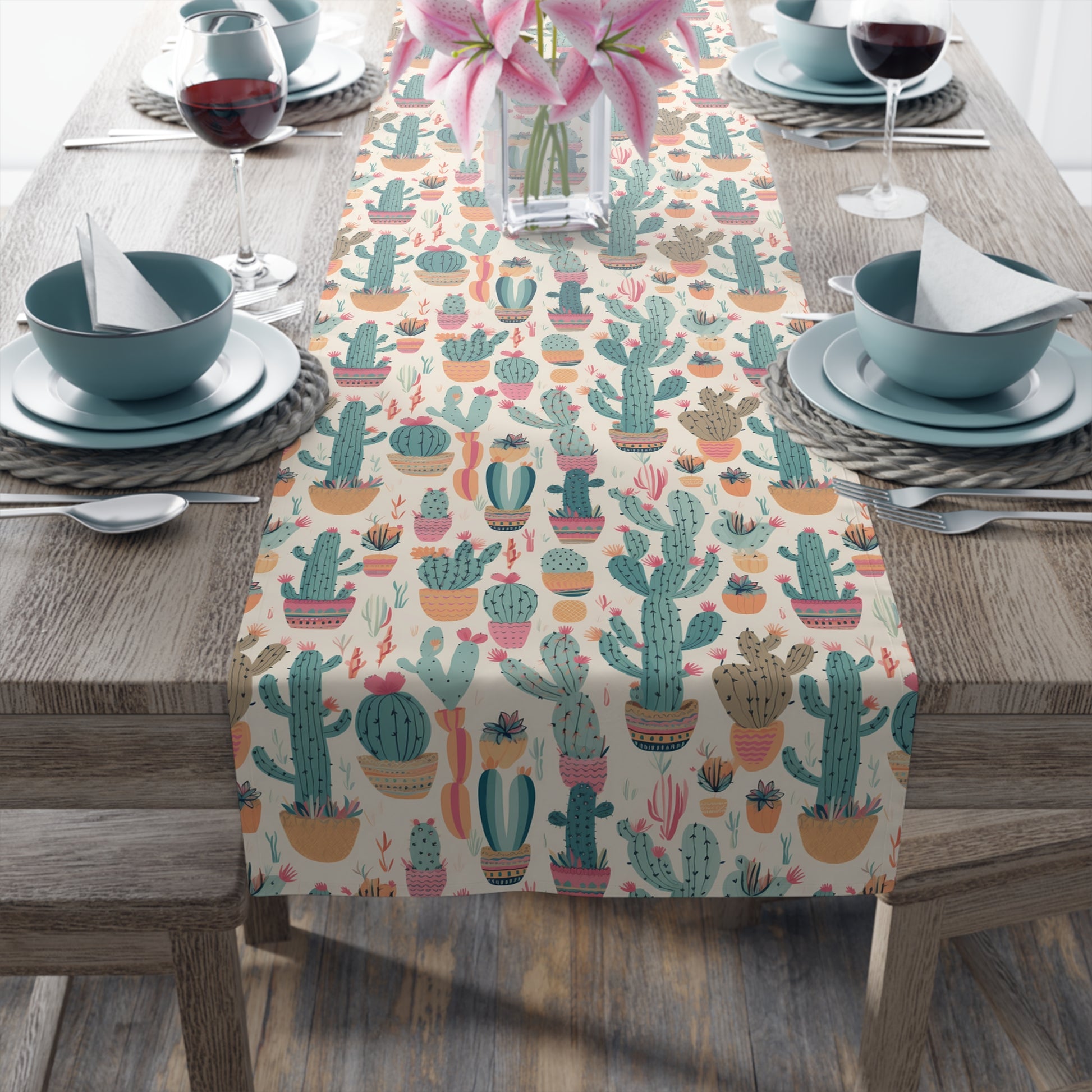 Desert Bloom Boom Table Runner - Bring Desert Charm to Your Table with a Blooming Burst of Joy! Available in 2 sizes.