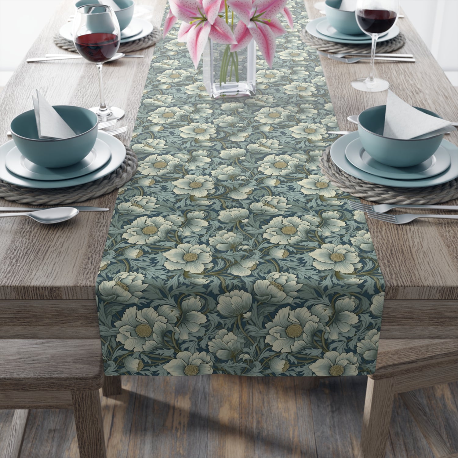 Timeless Teal English Garden Table Runner - Elevate Your Table with Timeless Elegance! Available in 2 sizes.