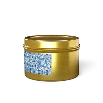 Dutch Blue Tile Tin Candle. Delft Calm, Travel Size. Available in 2 sizes, 3 finishes, and 5 scents.