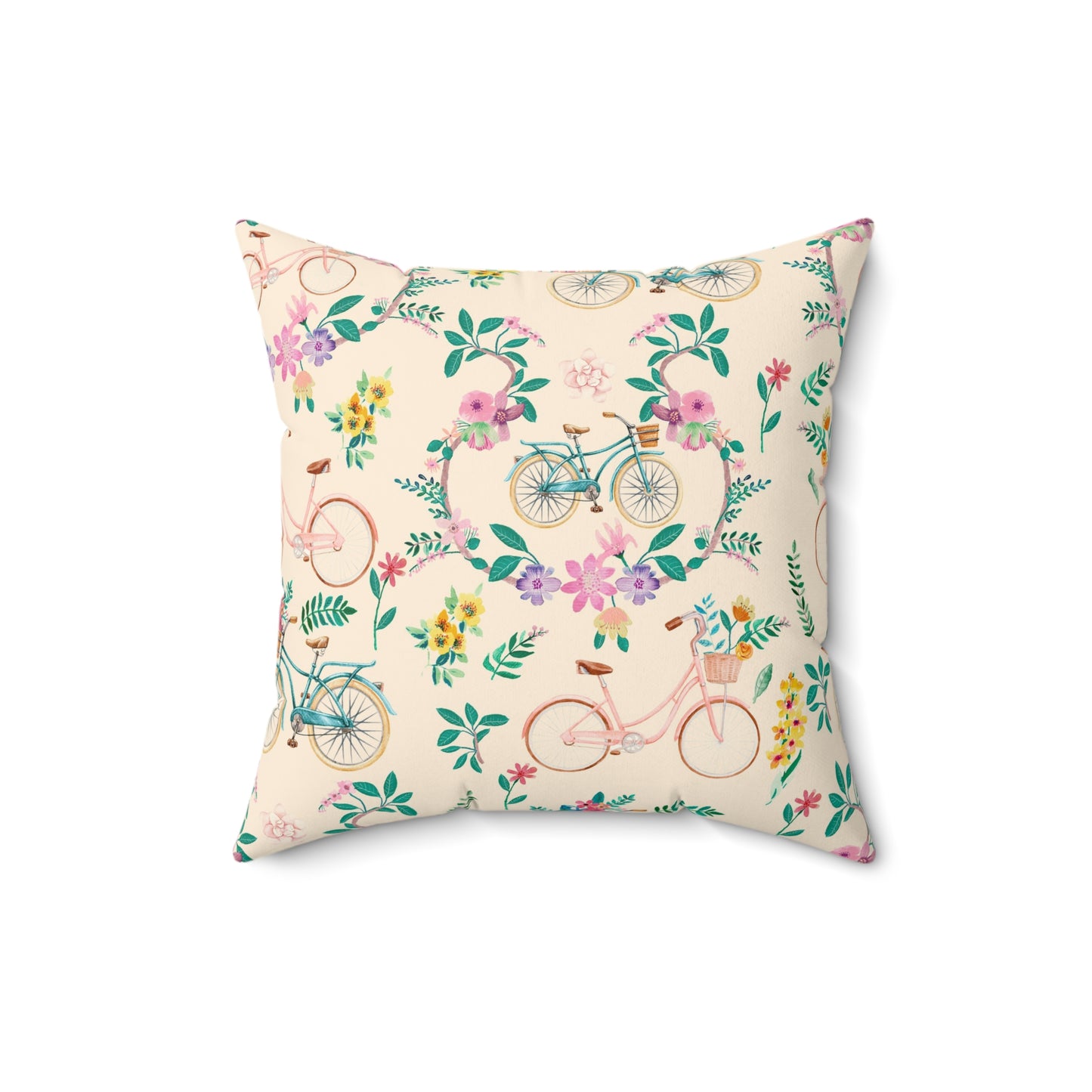 Spring Bicycle Square Throw Pillow - Spun Polyester - Double-Sided Print - Concealed Zipper - Available in 4 sizes