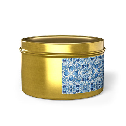 Dutch Blue Tile Tin Candle. Delft Calm, Travel Size. Available in 2 sizes, 3 finishes, and 5 scents.
