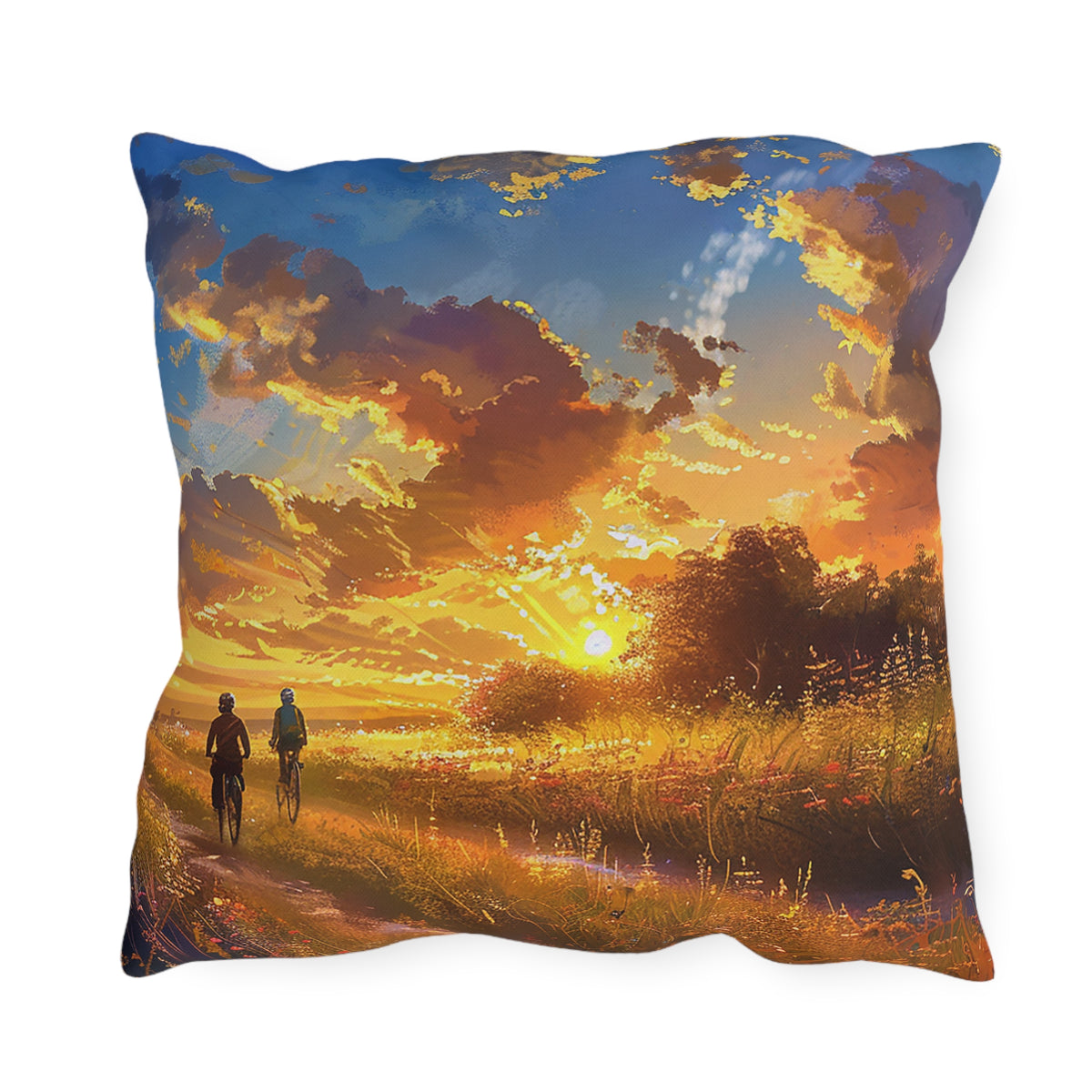 Golden Sunset Ride Square Outdoor Pillow - Spun Polyester - Double-Sided Print - UV-Resistant - Water-Resistant - Available in 3 sizes.