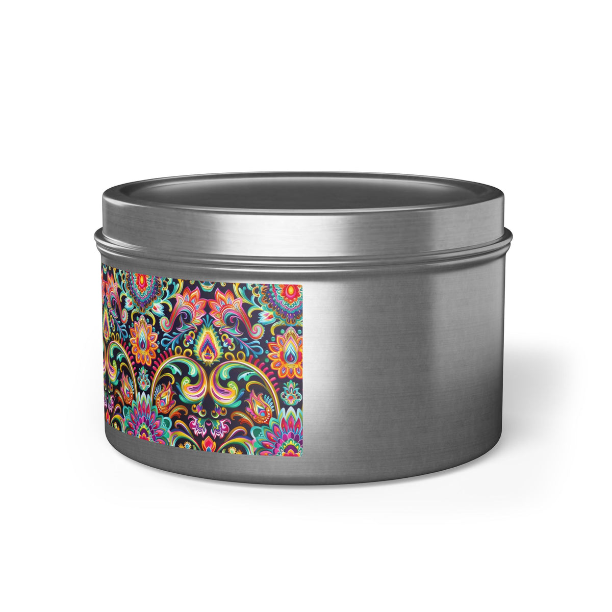 Electric Damask Tin Candle. Timeless Scrollwork, Electric Soul. Available in 2 sizes, 3 finishes, and 5 scents.