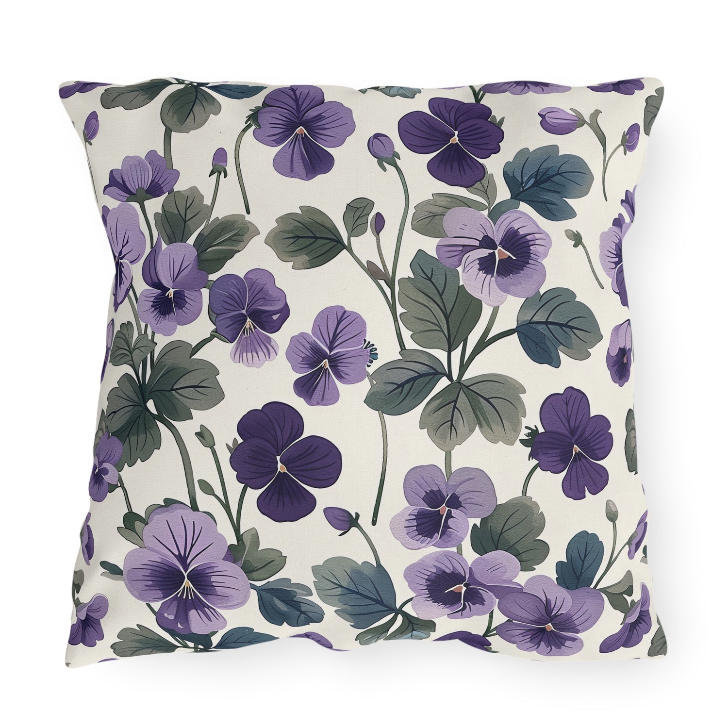 Purple Violets Square Outdoor Pillow - Spun Polyester - Double-Sided Print - UV-Resistant - Water-Resistant - Available in 3 sizes.