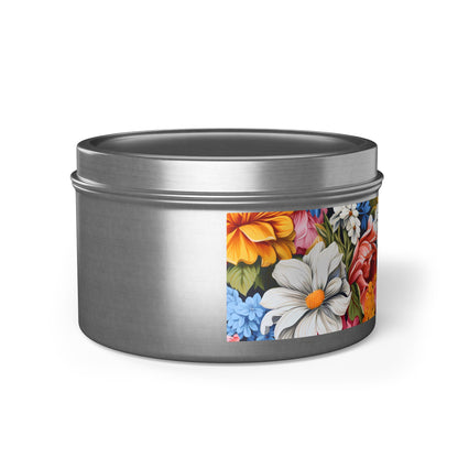 Chic Floral Tin Candle. Blooms That Travel Well. Available in 2 sizes, 3 finishes, and 5 scents.