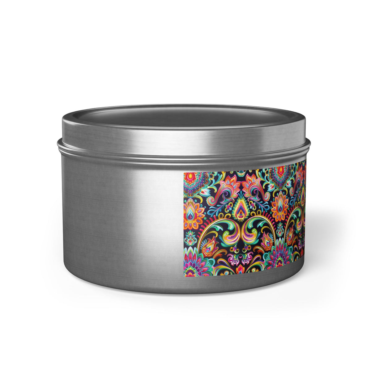 Electric Damask Tin Candle. Timeless Scrollwork, Electric Soul. Available in 2 sizes, 3 finishes, and 5 scents.