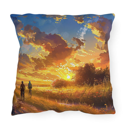 Golden Sunset Ride Square Outdoor Pillow - Spun Polyester - Double-Sided Print - UV-Resistant - Water-Resistant - Available in 3 sizes.
