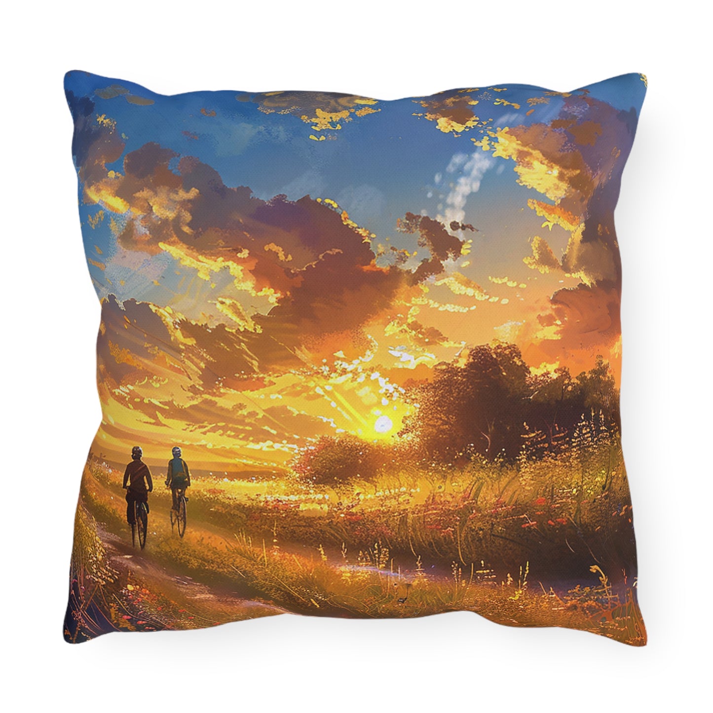 Golden Sunset Ride Square Outdoor Pillow - Spun Polyester - Double-Sided Print - UV-Resistant - Water-Resistant - Available in 3 sizes.