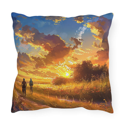 Golden Sunset Ride Square Outdoor Pillow - Spun Polyester - Double-Sided Print - UV-Resistant - Water-Resistant - Available in 3 sizes.