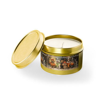 We're Having a Barking Good Halloween! Tin Candle. Spooky Treats in a Tin. Available in 2 sizes, 3 finishes, and 5 scents.