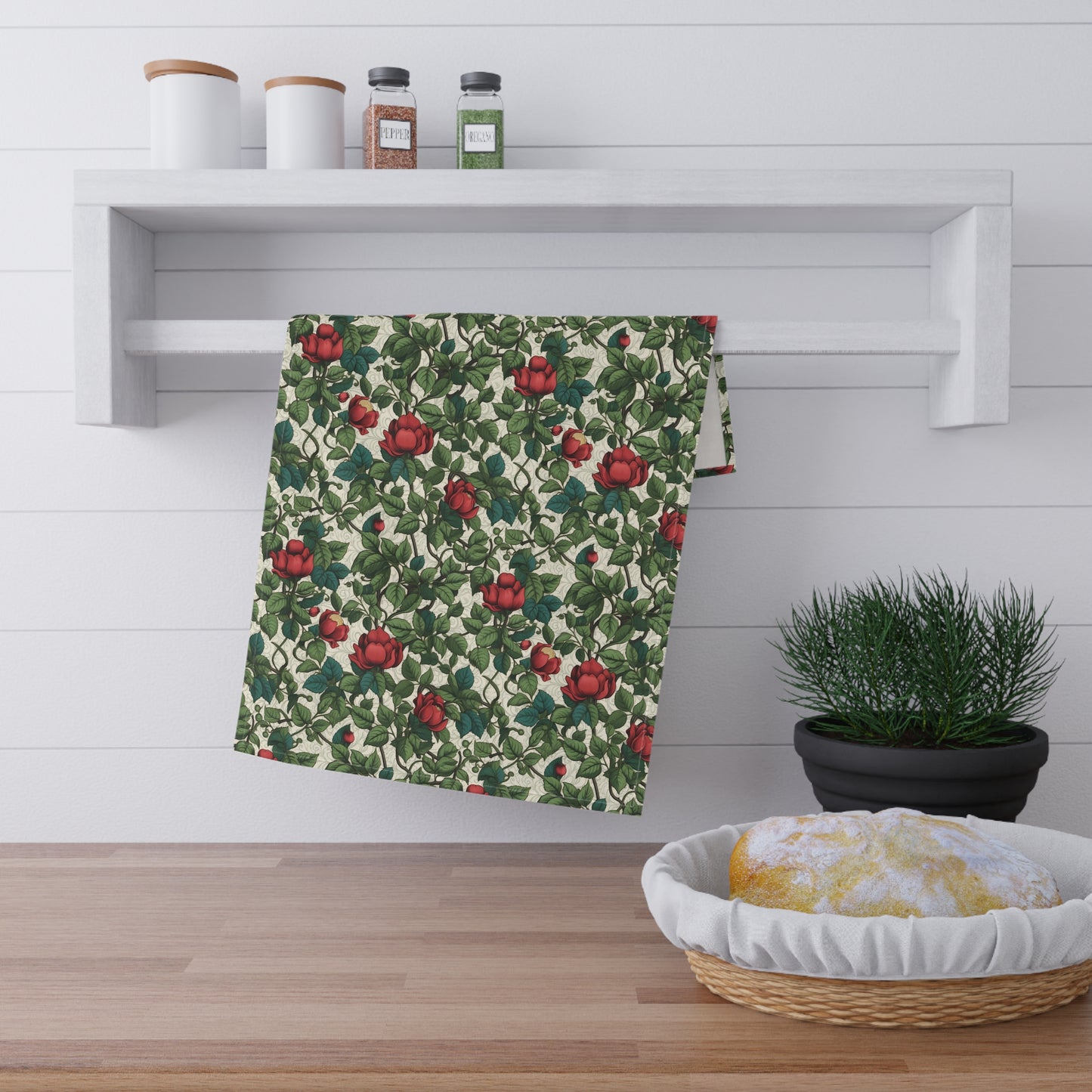 Classic Red Rose & Vine Kitchen Towel - Cotton Twill - 18" x 30"