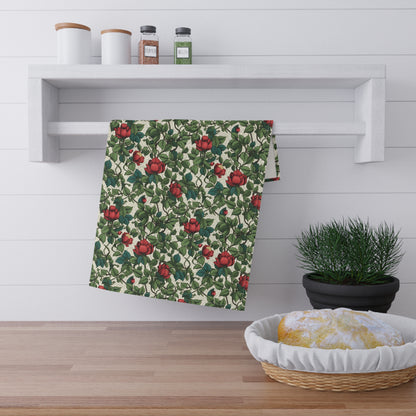 Classic Red Rose & Vine Kitchen Towel - Cotton Twill - 18" x 30"