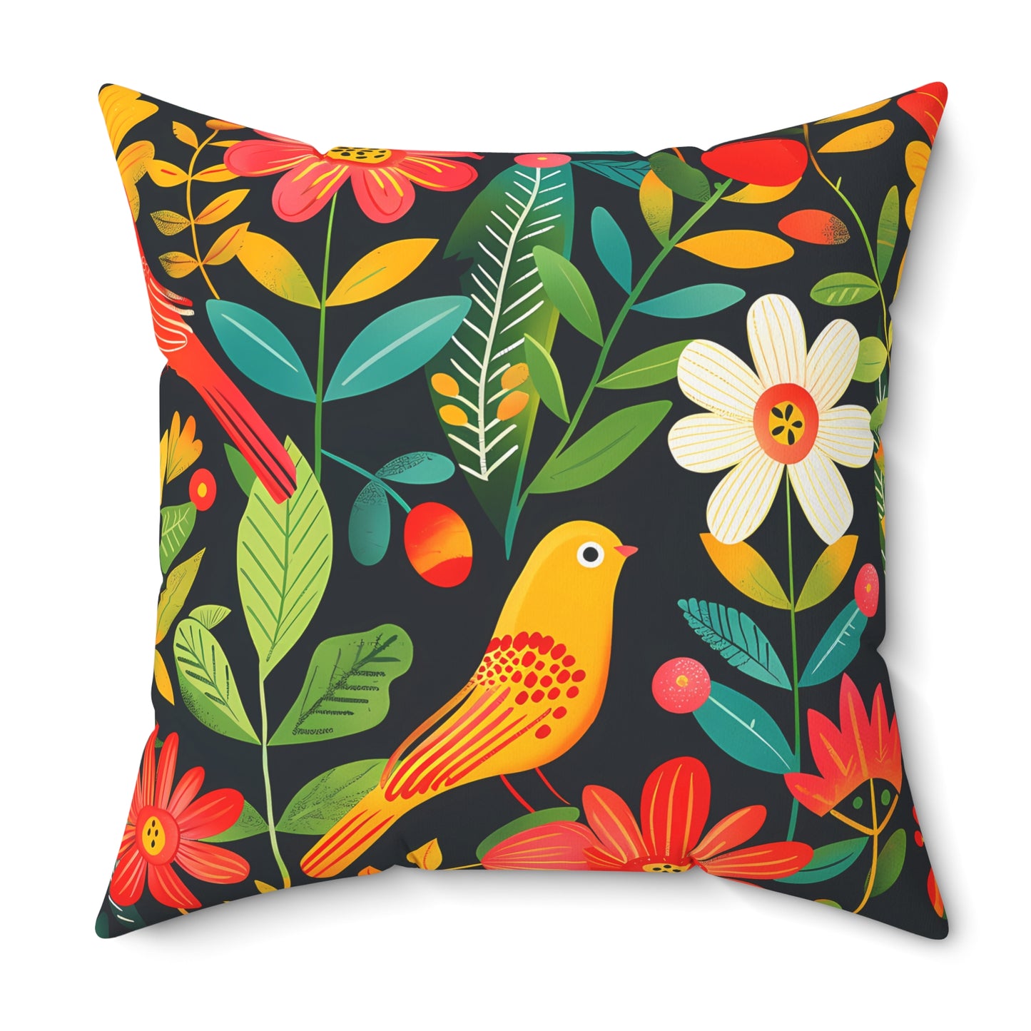 Blooming Bird Wonderland Square Throw Pillow - Spun Polyester - Double-Sided Print - Concealed Zipper - Available in 7 sizes.