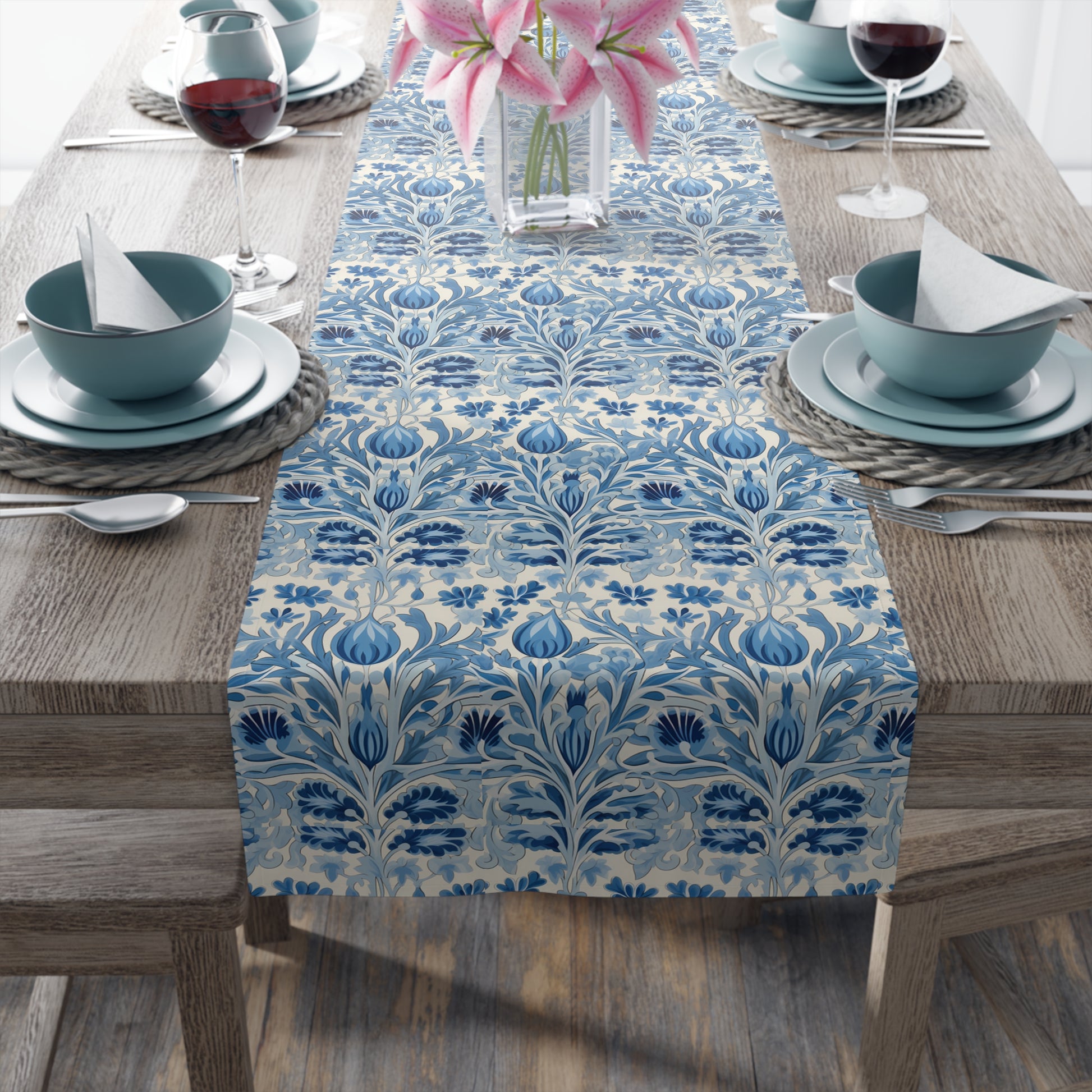 Dutch Blue Tulip Table Runner - Embrace European Elegance with Dutch Blue Tulips! Available in 2 sizes.