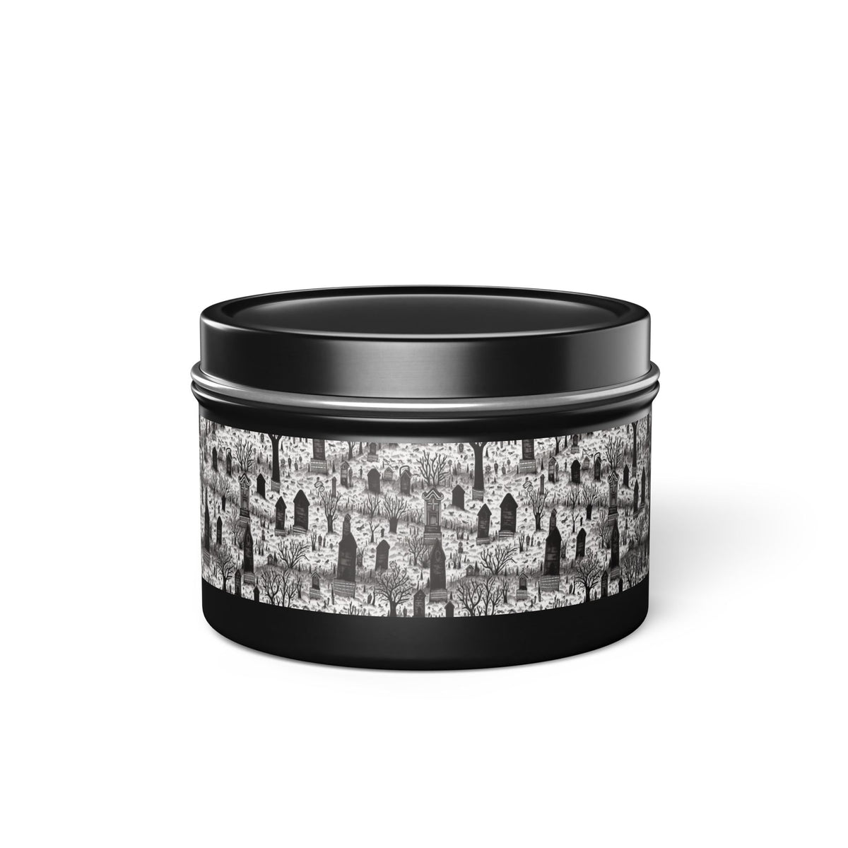 Spooky Gothic Cemetery Chic Halloween Tin Candle. Haunted Elegance, Travel Size. Available in 2 sizes, 3 finishes, and 5 scents.