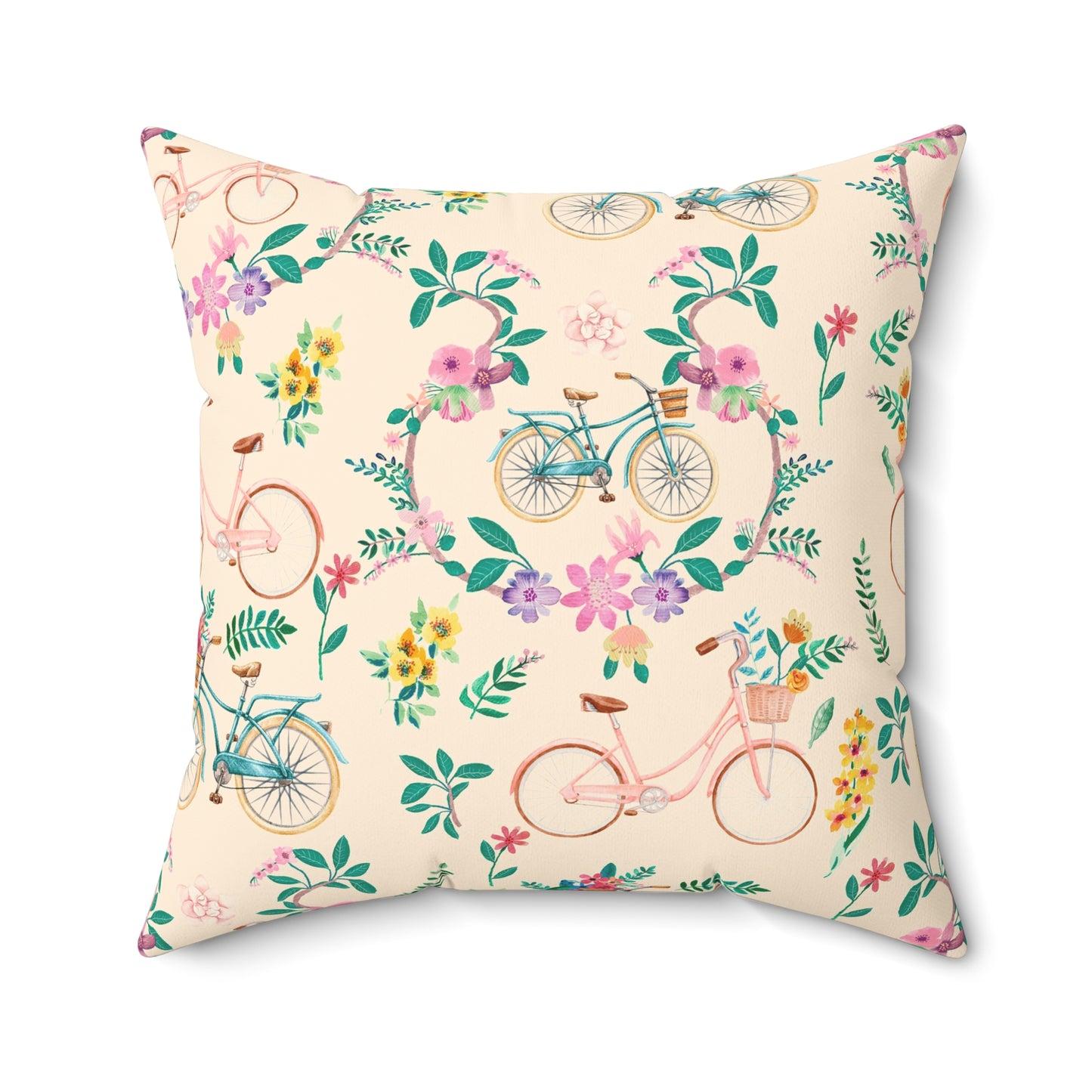 Spring Bicycle Square Throw Pillow - Spun Polyester - Double-Sided Print - Concealed Zipper - Available in 4 sizes