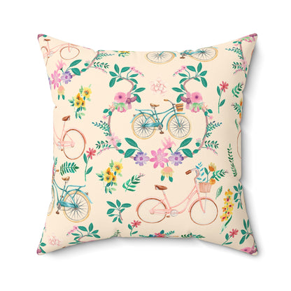 Spring Bicycle Square Throw Pillow - Spun Polyester - Double-Sided Print - Concealed Zipper - Available in 4 sizes