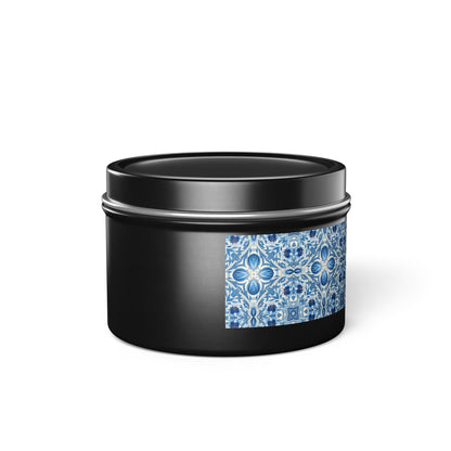 Dutch Blue Tile Tin Candle. Delft Calm, Travel Size. Available in 2 sizes, 3 finishes, and 5 scents.