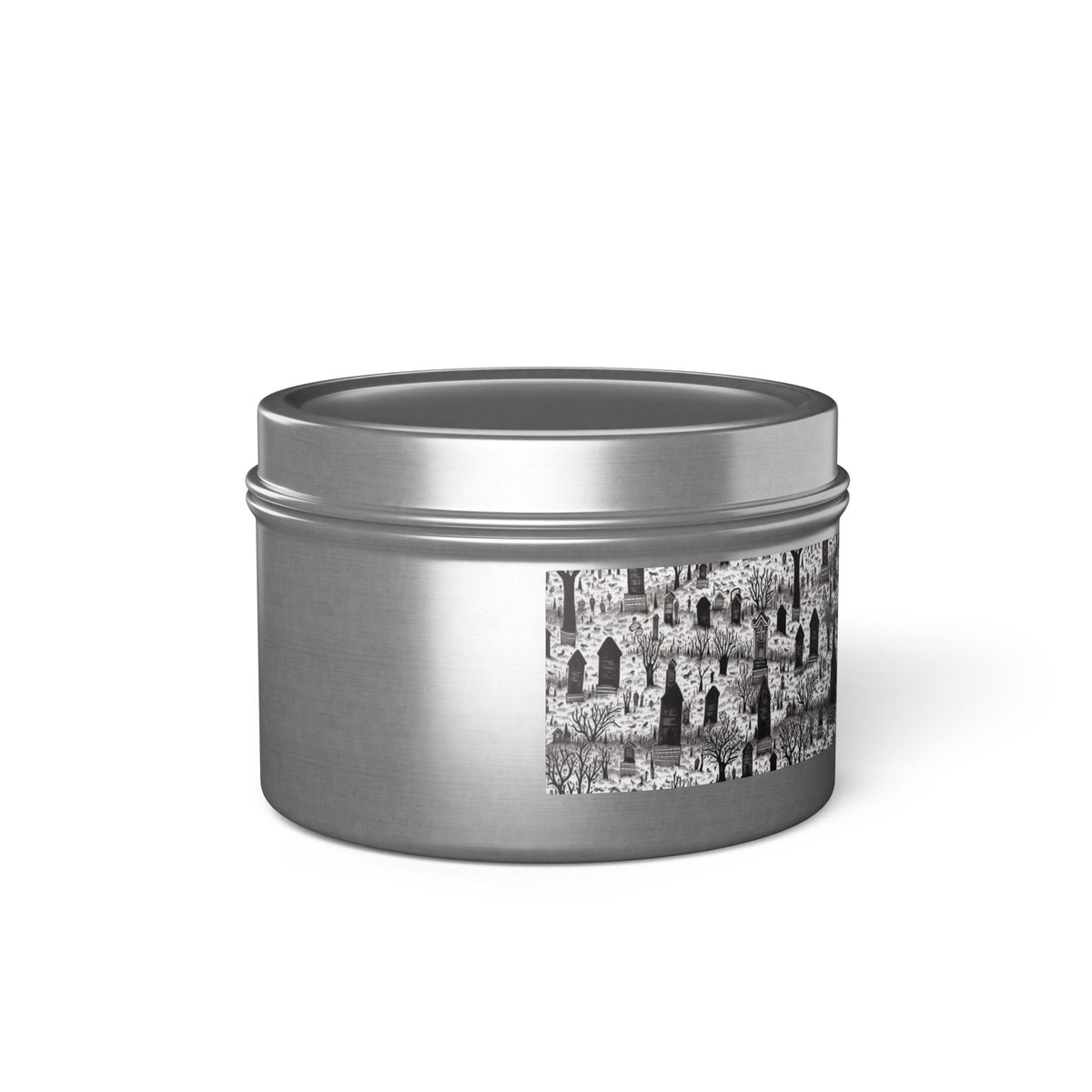 Spooky Gothic Cemetery Chic Halloween Tin Candle. Haunted Elegance, Travel Size. Available in 2 sizes, 3 finishes, and 5 scents.