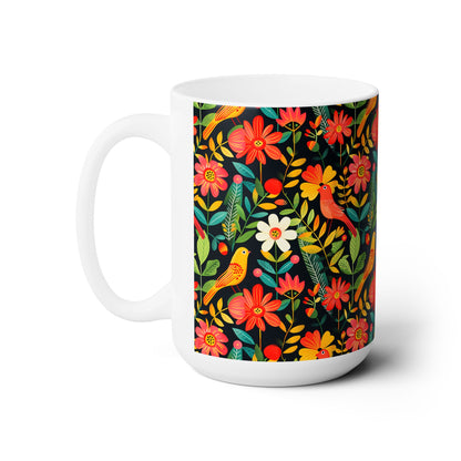 Blooming Bird Wonderland Ceramic Mug - 15 oz. - Glossy White Ceramic - Microwave & Dishwasher Safe.