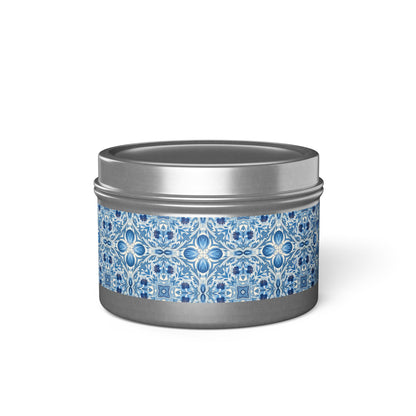 Dutch Blue Tile Tin Candle. Delft Calm, Travel Size. Available in 2 sizes, 3 finishes, and 5 scents.