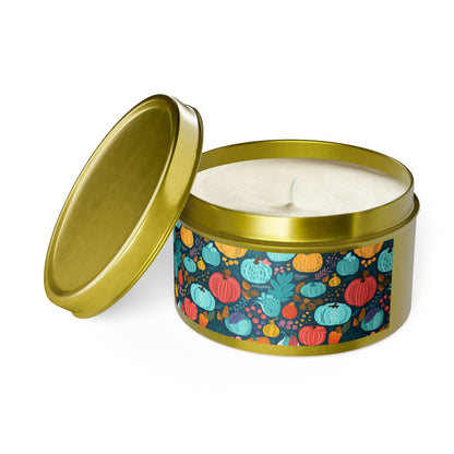 Fall Pumpkin Dance Tin Candle. Autumn's Dance in a Tin. Available in 2 sizes, 3 finishes, and 5 scents.