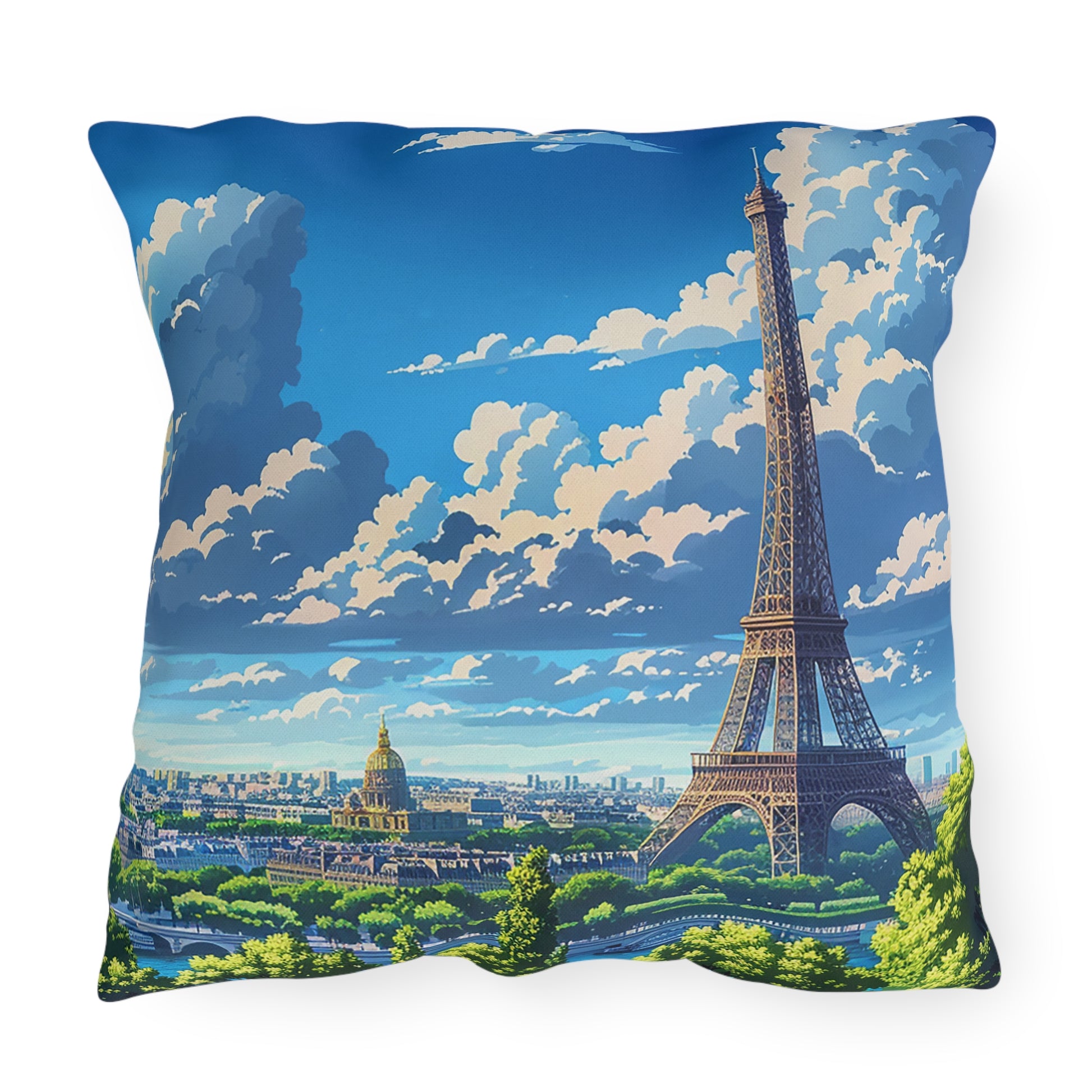 Parisian Eiffel Tower Dreamscape Square Outdoor Pillow - Spun Polyester - Double-Sided Print - UV-Resistant - Water-Resistant - Available in 3 sizes.