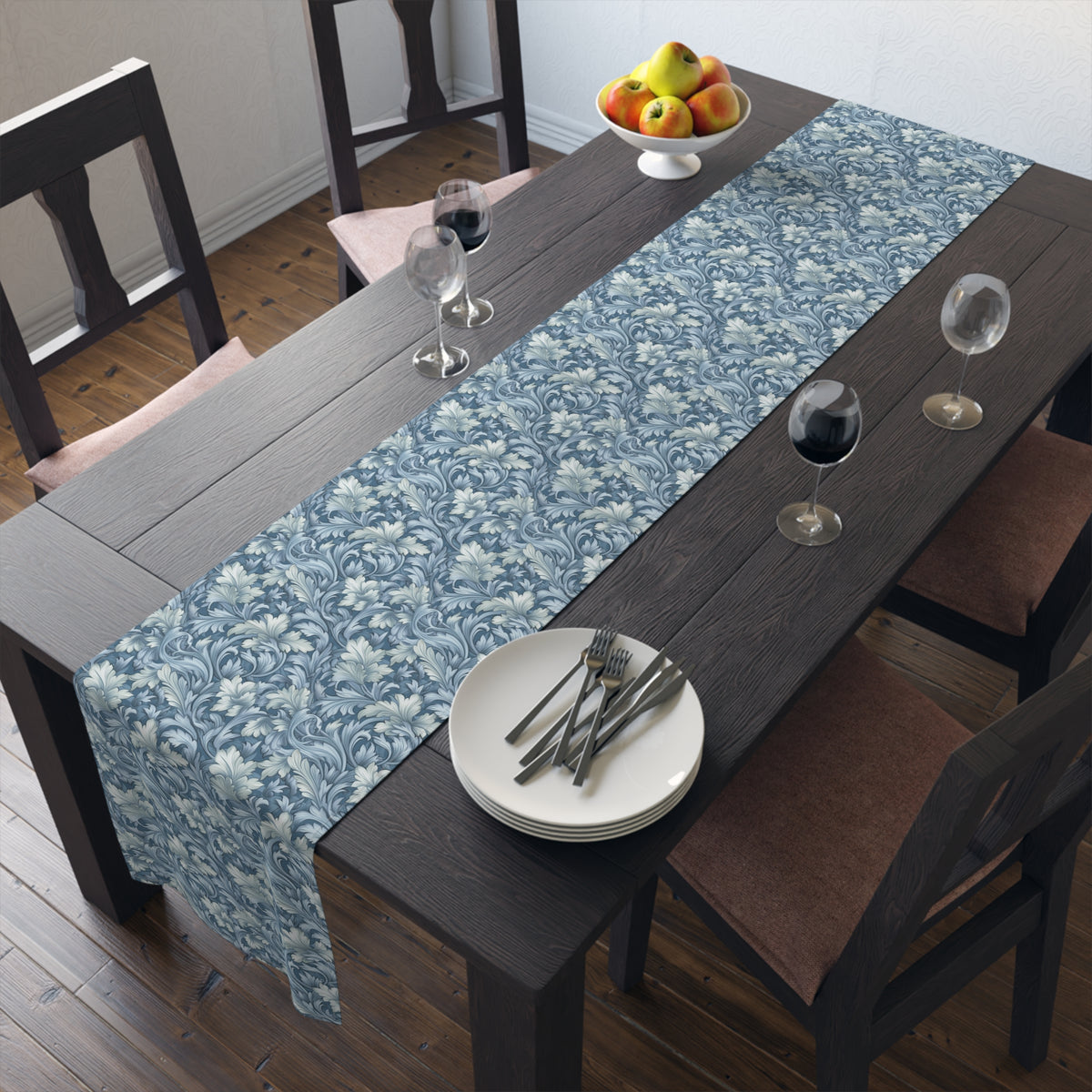 Soft Blue Leaf Tapestry Table Runner - Cotton Twill - Available in 2 sizes: 16" x 72" and 16" x 90".