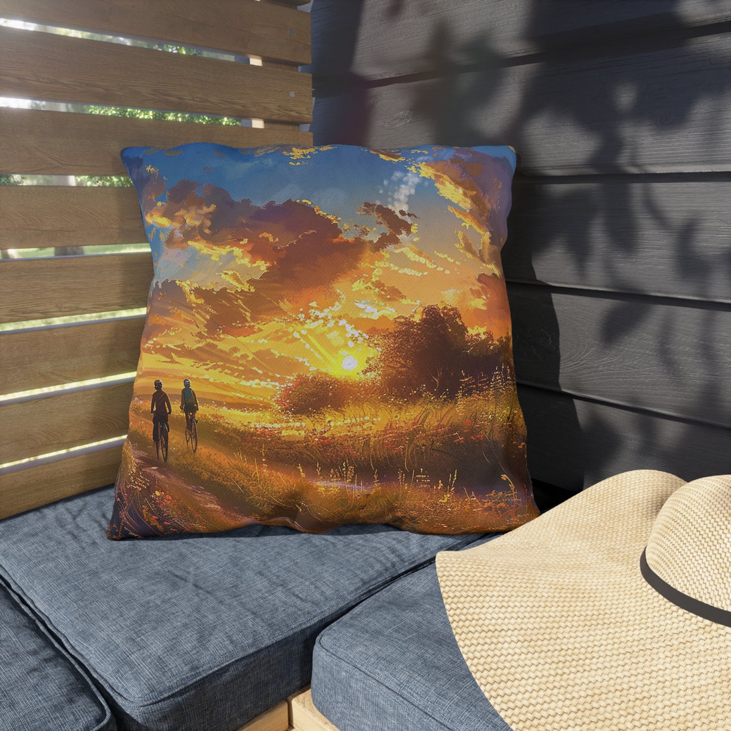 Golden Sunset Ride Square Outdoor Pillow - Spun Polyester - Double-Sided Print - UV-Resistant - Water-Resistant - Available in 3 sizes.