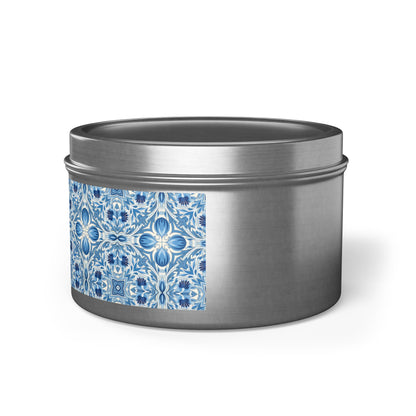 Dutch Blue Tile Tin Candle. Delft Calm, Travel Size. Available in 2 sizes, 3 finishes, and 5 scents.