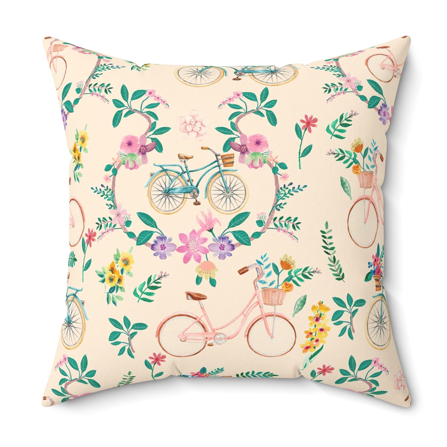 Spring Bicycle Square Throw Pillow - Spun Polyester - Double-Sided Print - Concealed Zipper - Available in 4 sizes