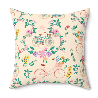 Spring Bicycle Square Throw Pillow - Spun Polyester - Double-Sided Print - Concealed Zipper - Available in 4 sizes