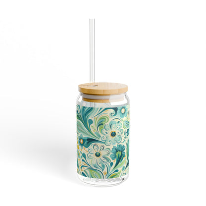 Whimsical Teal Floral Garden Sipper Glass Tumbler - 16 oz - Sip in Nature's Enchanting Hues!