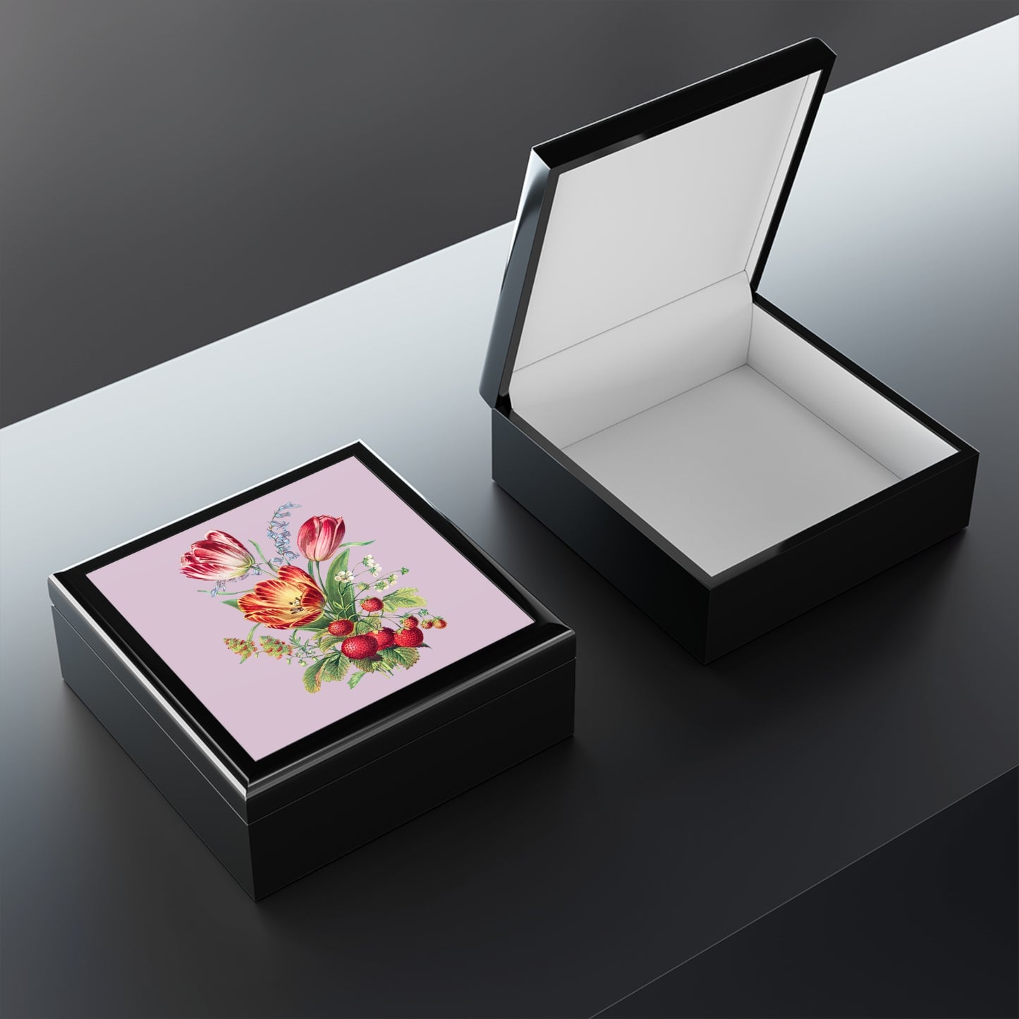 Vintage Tulip Trio Treasure Jewelry Box - Felt-Lined Rubberwood Keepsake Box with Glossy Printed Lid
