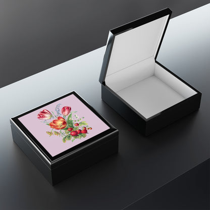 Vintage Tulip Trio Treasure Jewelry Box - Felt-Lined Rubberwood Keepsake Box with Glossy Printed Lid