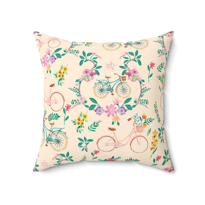 Spring Bicycle Square Throw Pillow - Spun Polyester - Double-Sided Print - Concealed Zipper - Available in 4 sizes
