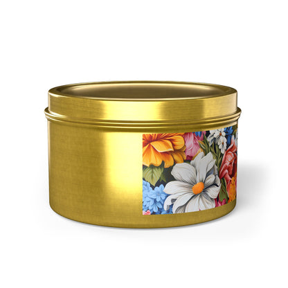 Chic Floral Tin Candle. Blooms That Travel Well. Available in 2 sizes, 3 finishes, and 5 scents.