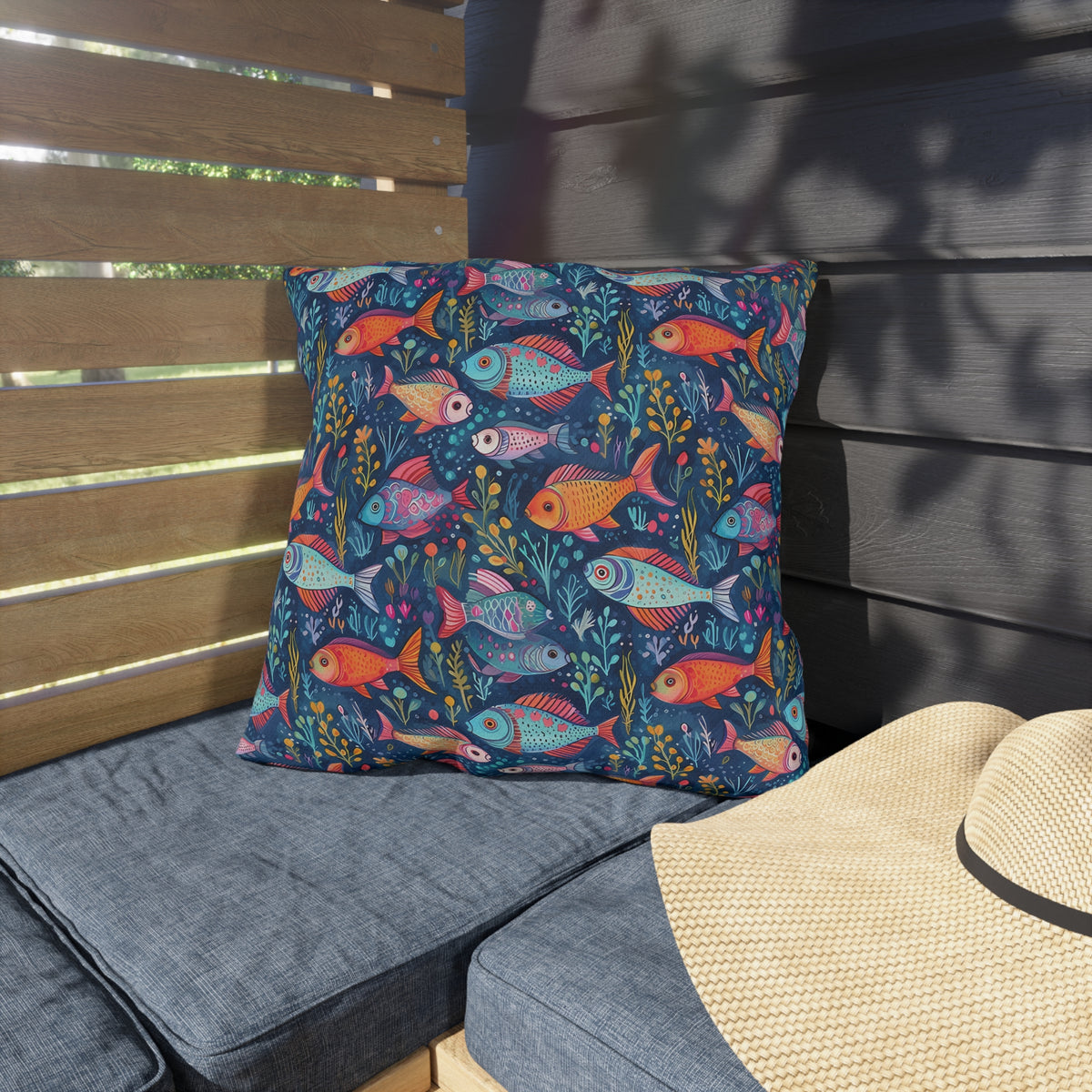 Fun Fish Square Outdoor Pillow - Spun Polyester - Double-Sided Print - UV-Resistant - Water-Resistant - Available in 3 sizes.