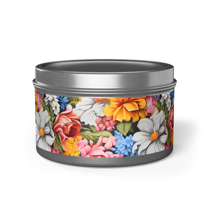 Chic Floral Tin Candle. Blooms That Travel Well. Available in 2 sizes, 3 finishes, and 5 scents.