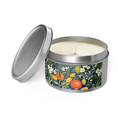 Magical Fruitiness Tin Candle. A Fruit-Splashed Flicker. Available in 2 sizes, 3 finishes, and 5 scents.