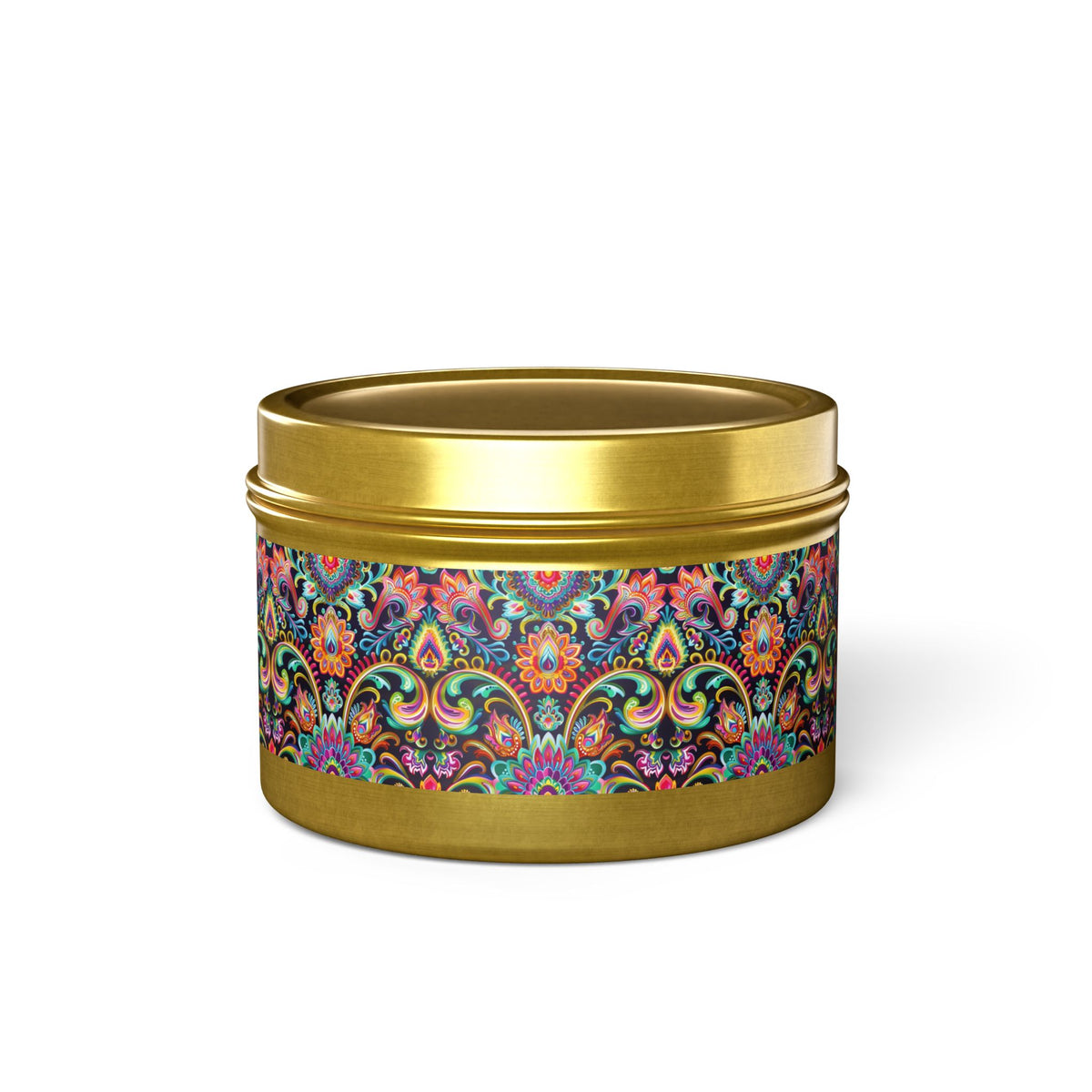 Electric Damask Tin Candle. Timeless Scrollwork, Electric Soul. Available in 2 sizes, 3 finishes, and 5 scents.