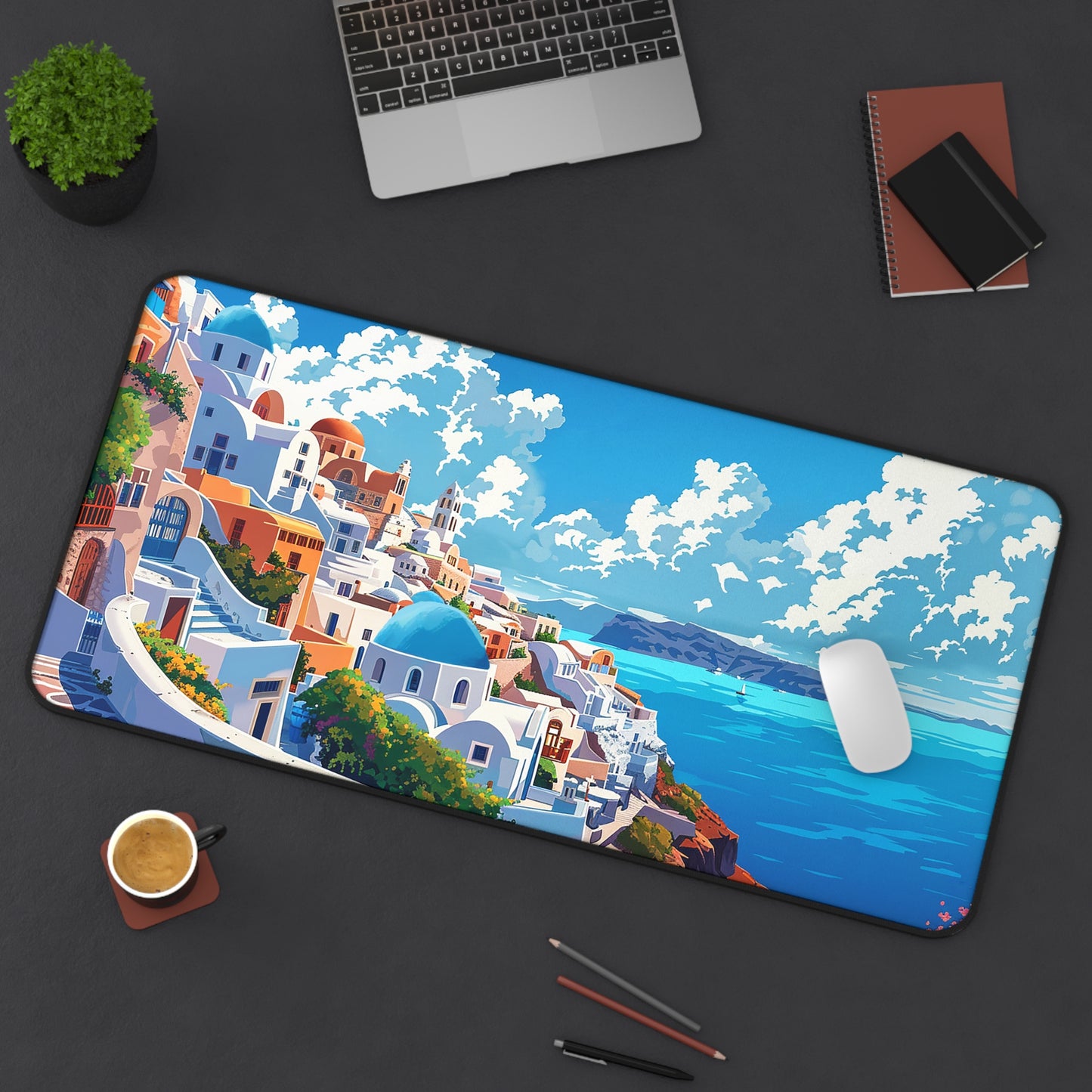 Santorini Serenity Desk Mat (Desk Pad) - Bring Mediterranean Bliss to Your Desk! Available in 3 sizes.