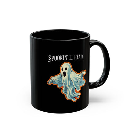 Spookin it' Real Chic Retro Ghost Halloween Black Mug  - 11oz, 15oz - Start Your Day with a Ghostly Good Brew!