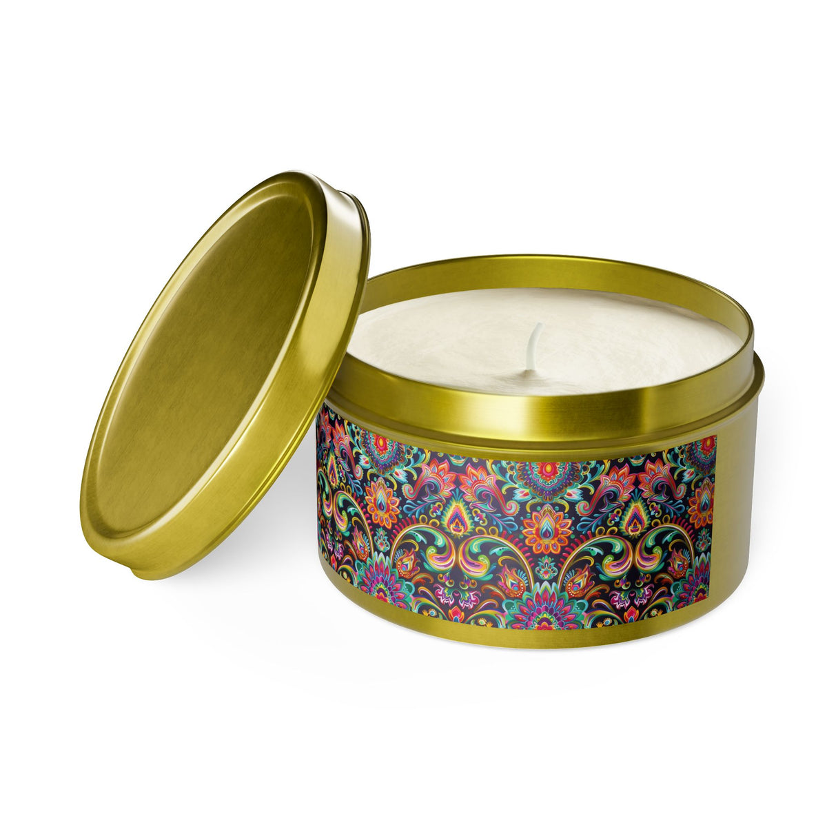 Electric Damask Tin Candle. Timeless Scrollwork, Electric Soul. Available in 2 sizes, 3 finishes, and 5 scents.